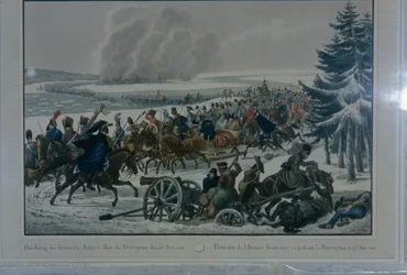 Den franska arméns reträtt från Moskva 1812 (penna, bläck och wc på papper)
